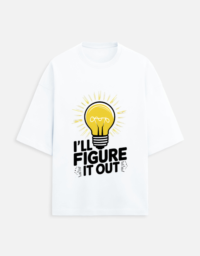 Motivational funny t-shirt "I'll Figure It Out" with yellow lightbulb on black oversized tee.