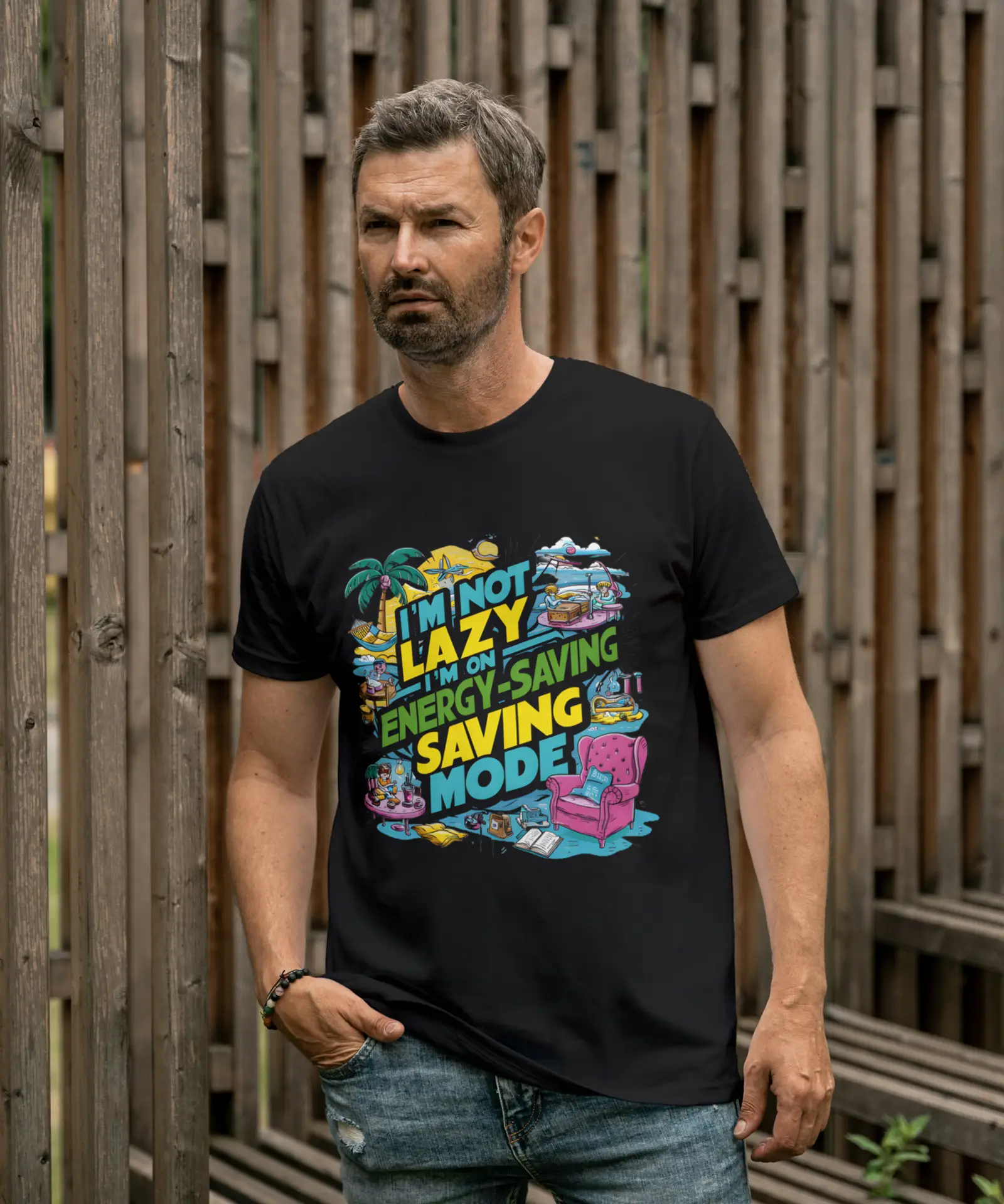 Oversized funny quote t-shirt with “I’m Not Lazy I’m on Energy Saving Mode” print for men and women