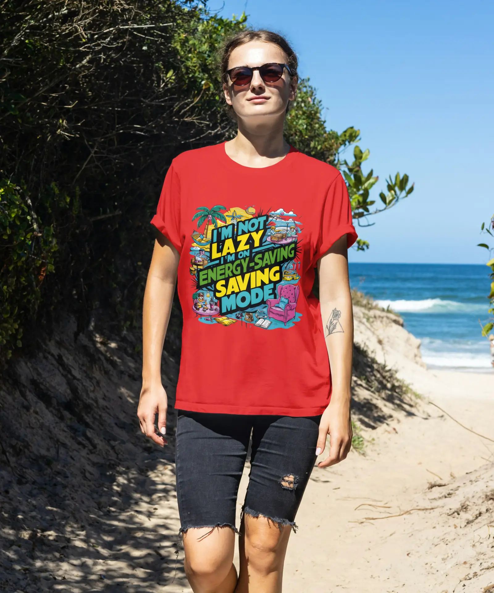 Oversized funny quote t-shirt with “I’m Not Lazy I’m on Energy Saving Mode” print for men and women