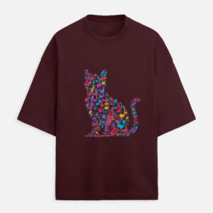 Unisex oversized black t-shirt featuring a colorful musical cat graphic, made with premium 260 GSM terry fabric for streetwear fashion lovers in India