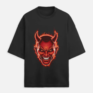 Edgy devil face t-shirt red demon graphic on black oversized tee.