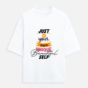 Sassy t-shirt "Be Your Own Unique" pink & yellow quote on black oversized tee.