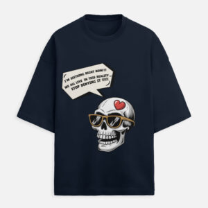 Funny skull t-shirt "I'm Seething Right Now Stop Denying It" on black oversized tee.