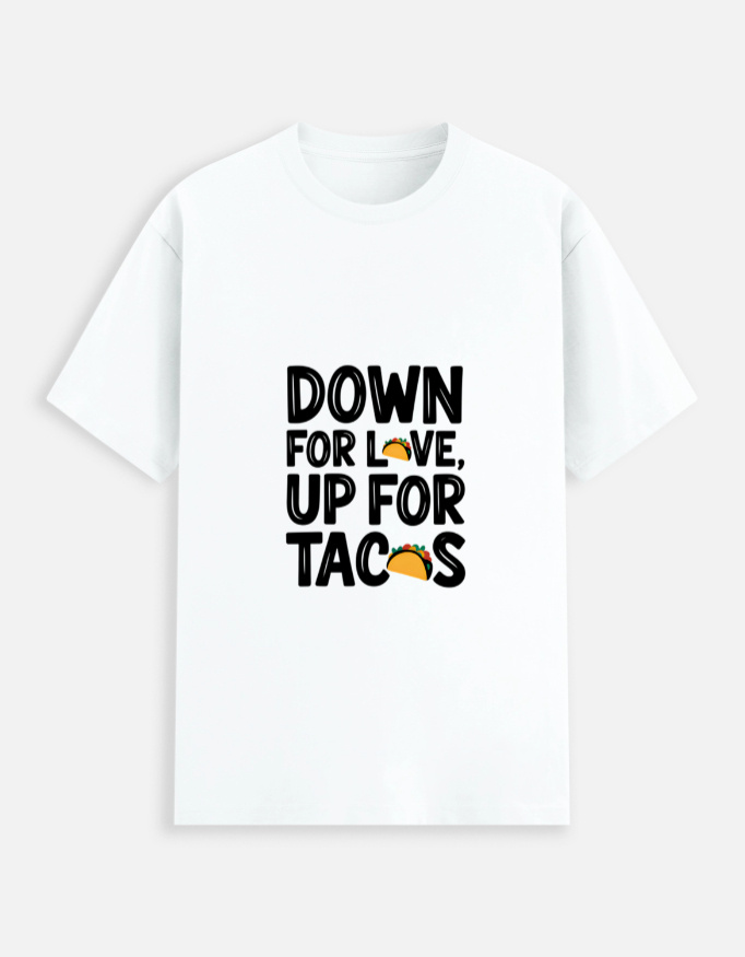 Unisex stretch t-shirt with cute cartoon tacos design on black