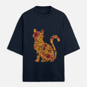 Oversized graphic t-shirt featuring a colorful musical cat design for music and cat lovers in India