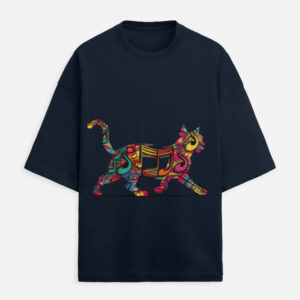 Unisex oversized black t-shirt featuring a colorful running musical cat graphic printed on premium 260 GSM terry fabric for streetwear lovers in India