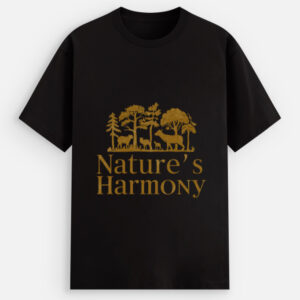 Unisex stretch t-shirt with gold 'Nature's Harmony' wildlife forest design on black