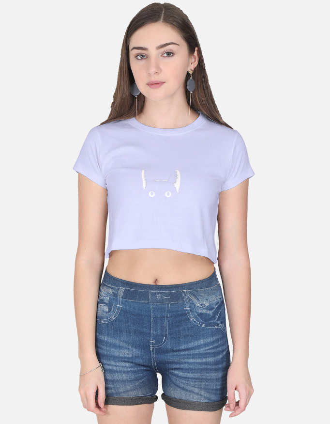 Cute cat eyes women's crop top with big white eyes on black.