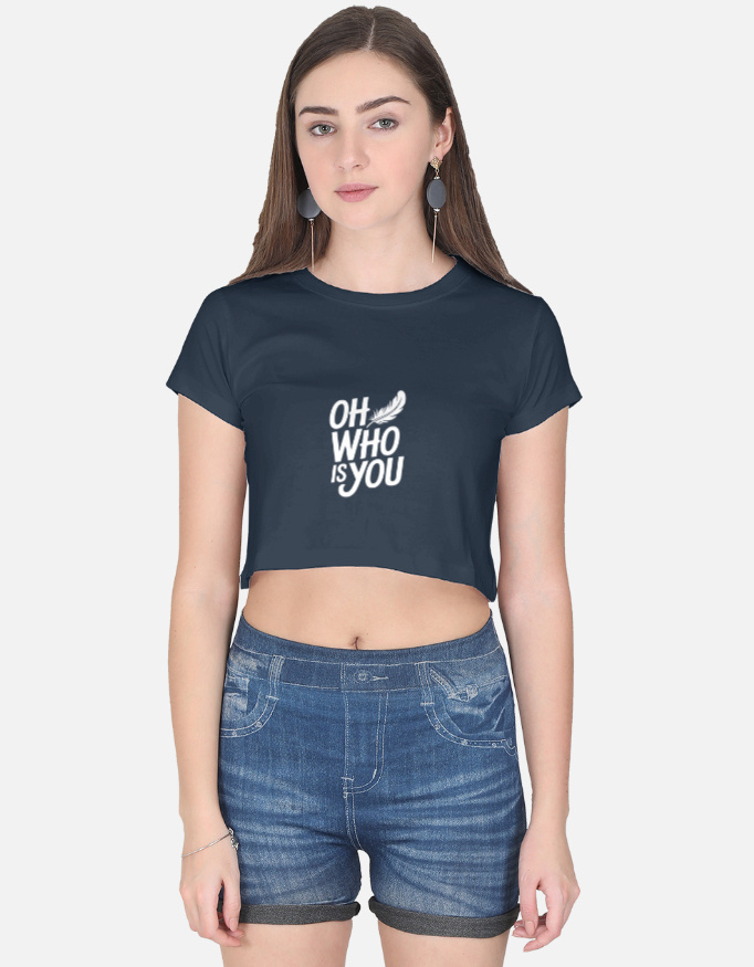 Sassy 'Oh Who Is You' women's crop top on black background with feather graphic