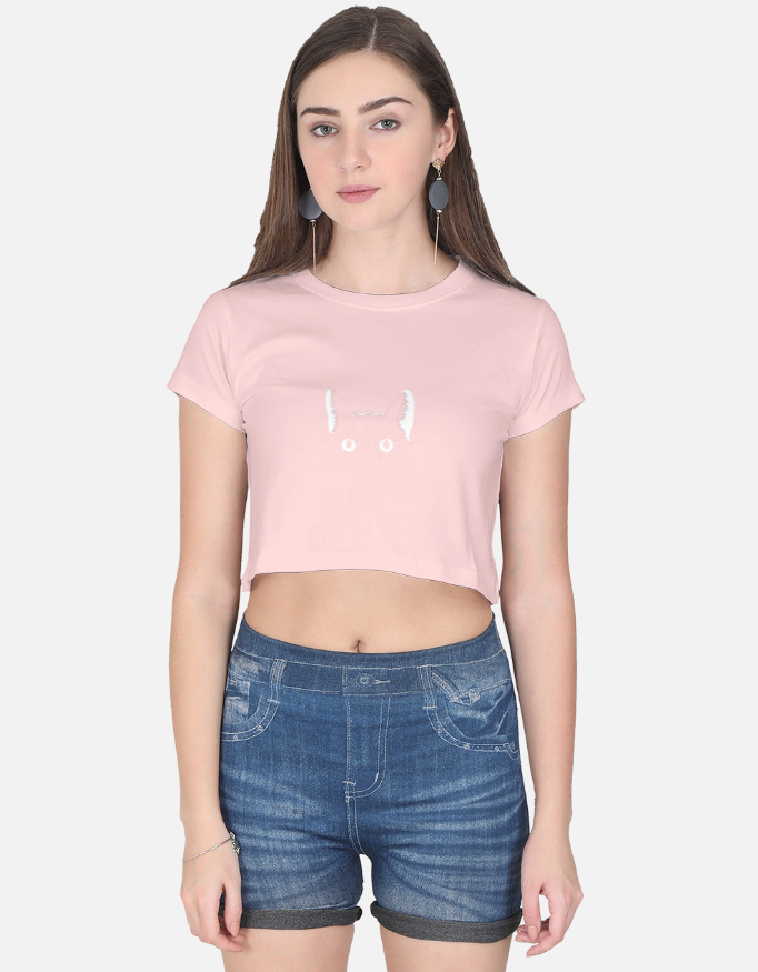 Cute cat eyes women's crop top with big white eyes on black.
