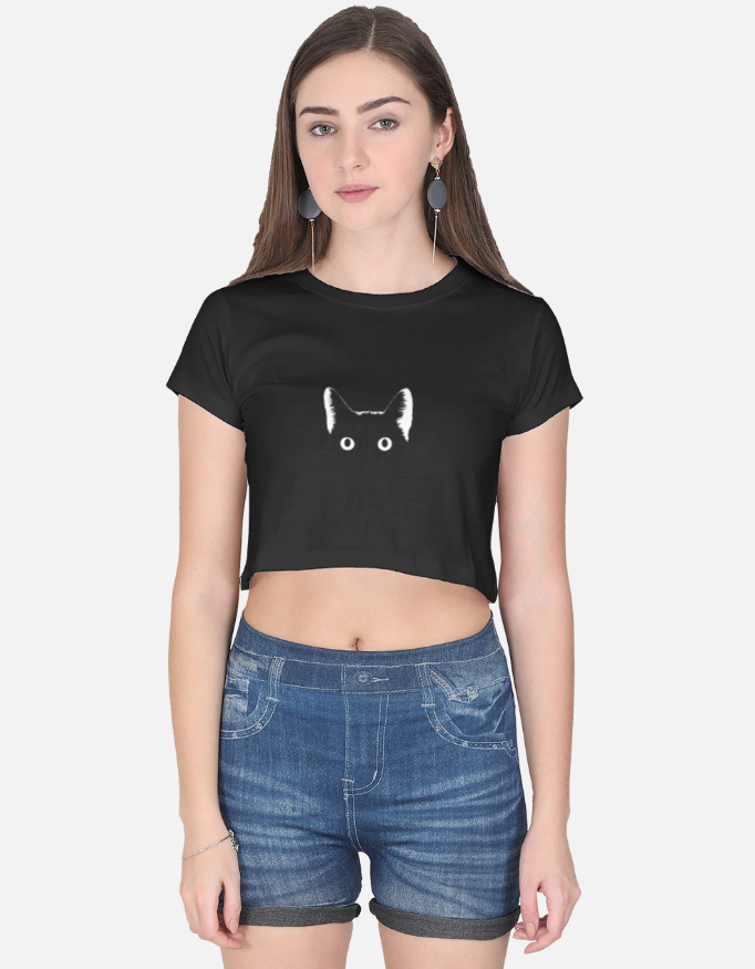 Cute cat eyes women's crop top with big white eyes on black.