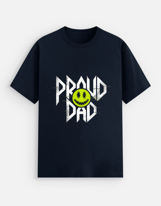 Funny 'Proud Dad' glitch unisex t-shirt with neon smiley on black
