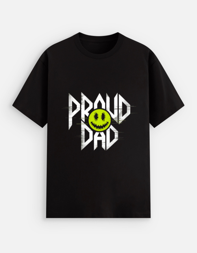 Funny 'Proud Dad' glitch unisex t-shirt with neon smiley on black