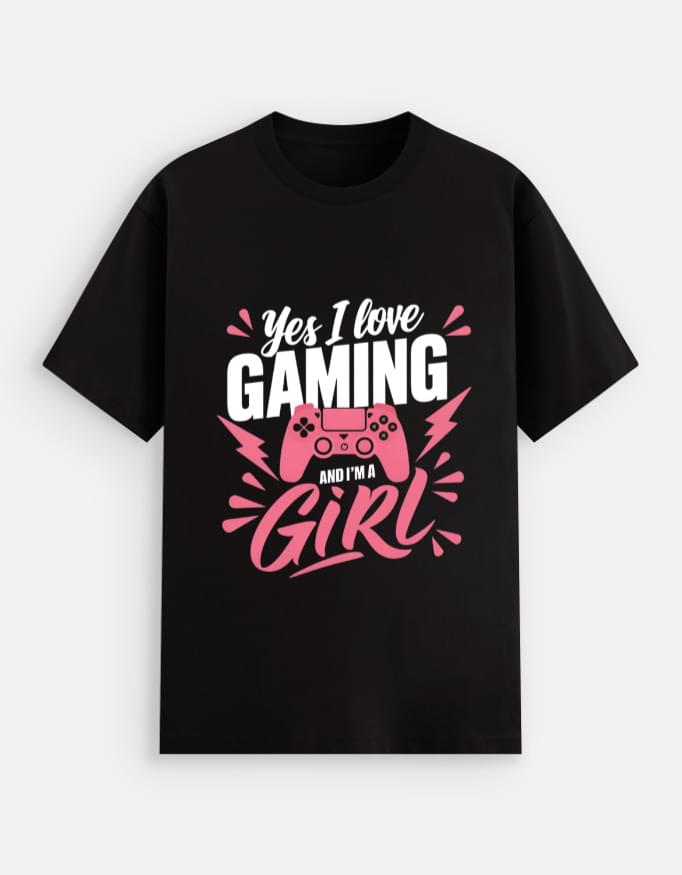 Yes I Love Gaming & I’m a Girl unisex oversized gaming t-shirt in black with bold pink graphic, perfect for gamer girls and streetwear lovers in India.